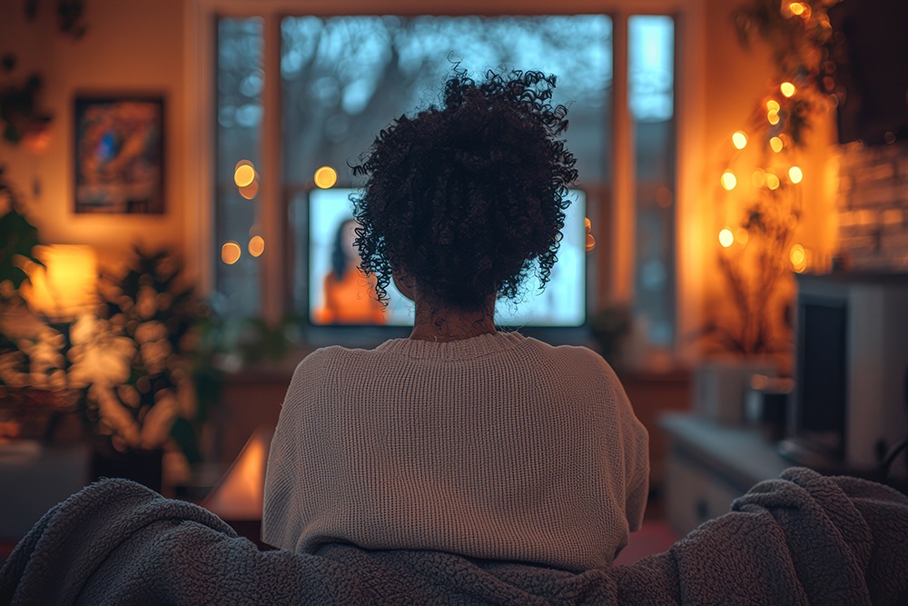 online-addiction-therapy-telehealth Woman settling in on couch to watch large laptop screen surrounded by natural light