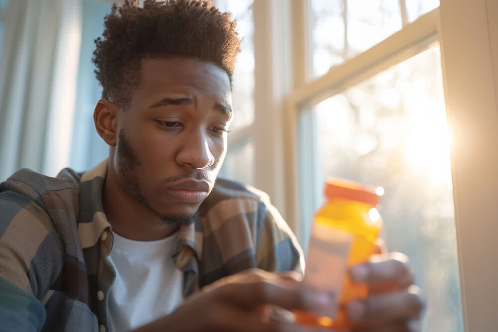A man looks at a labeled pill bottle, emphasizing the need for Opioid Addiction Treatment