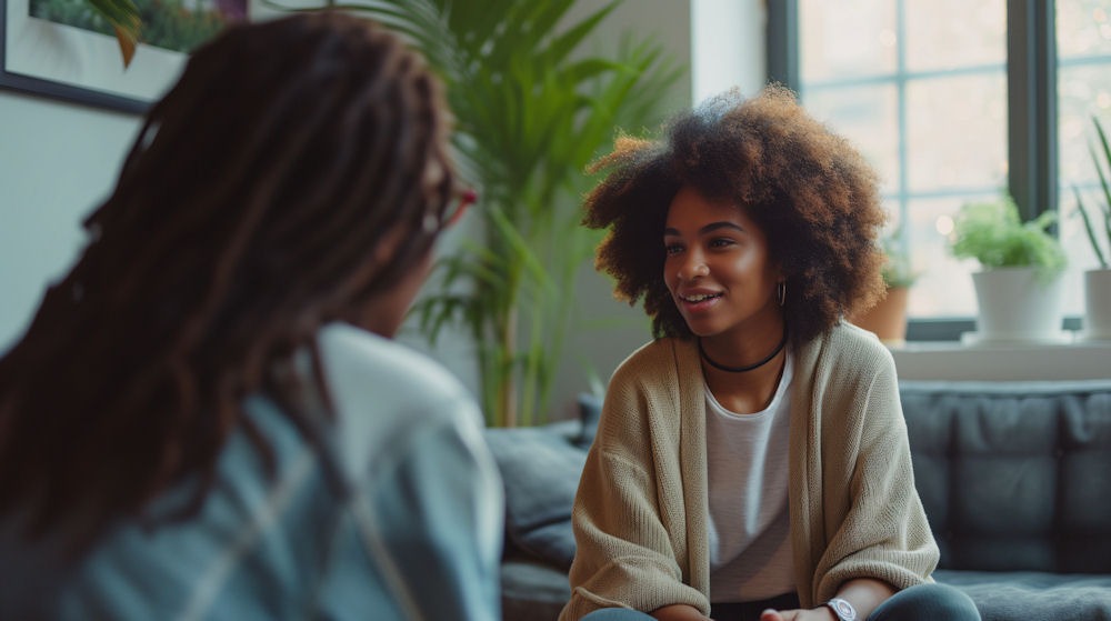 Woman engaging in open discussion during depression and addiction treatment therapy