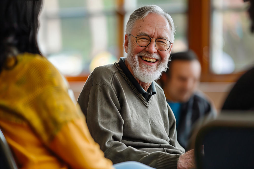 Smiling man in support group for addiction recovery.